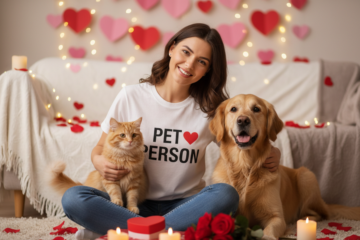 Generate a cat and dog with their owner that has a shirt saying pet person with a heart, make the photo valentines day themed, generate a couple photos 